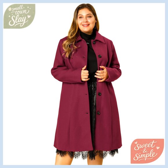 Plus Size Long Wool Pea Coat with Belt Winter Overcoat for Women